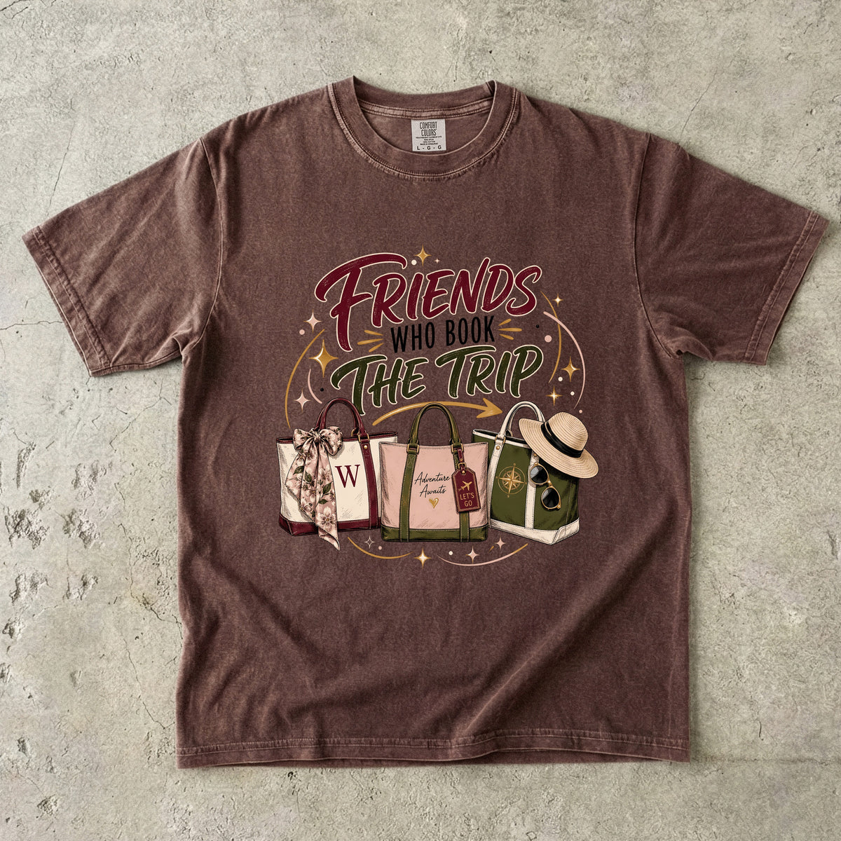 Friends Who Book the Trip Girls Getaway Shirt in Espresso – flat lay