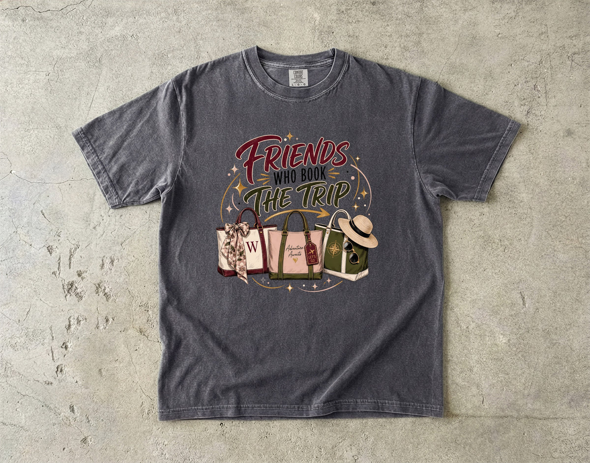 Friends Who Book the Trip Girls Getaway Shirt in Pepper – flat lay