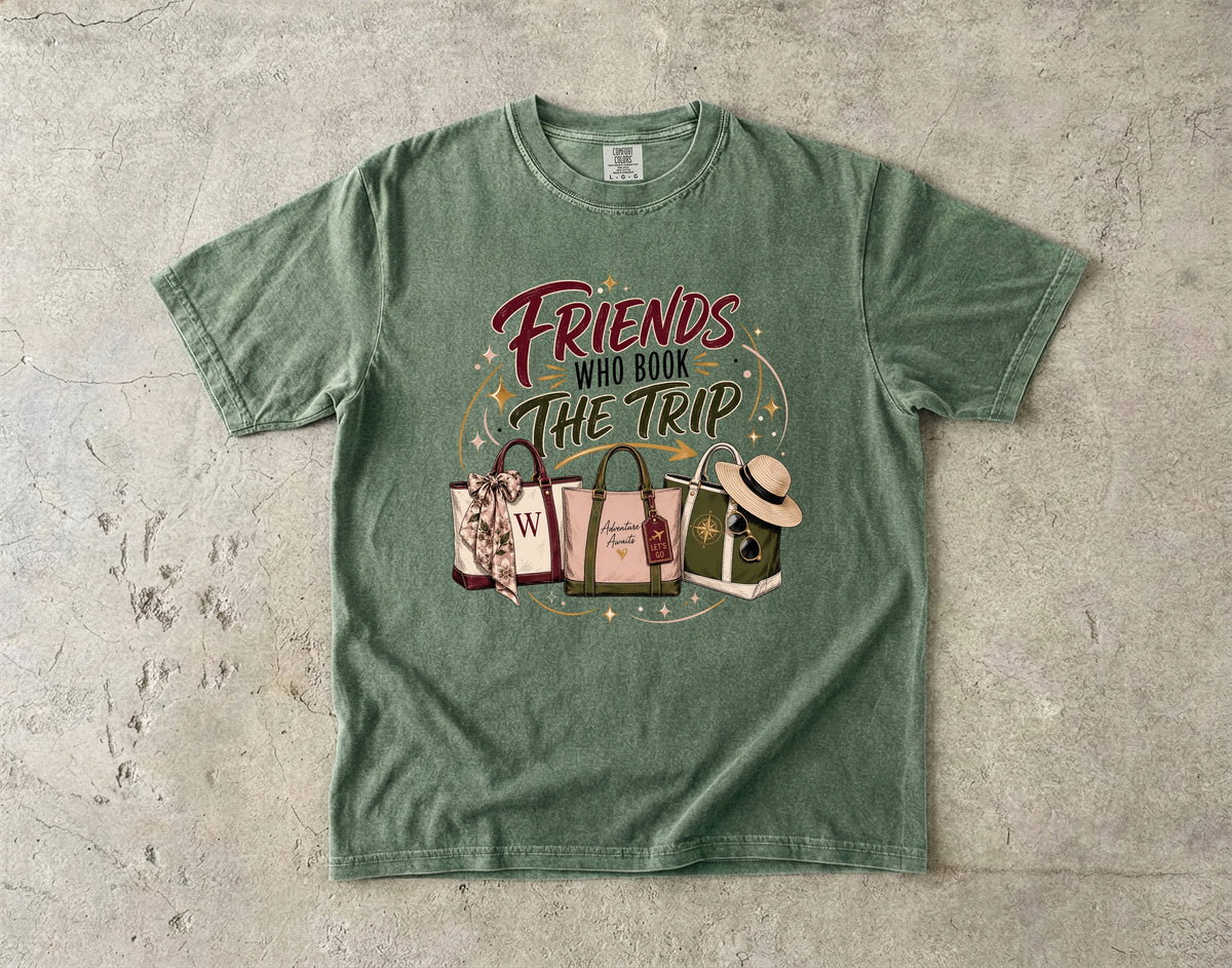 Friends Who Book the Trip Girls Getaway Shirt in Moss – flat lay