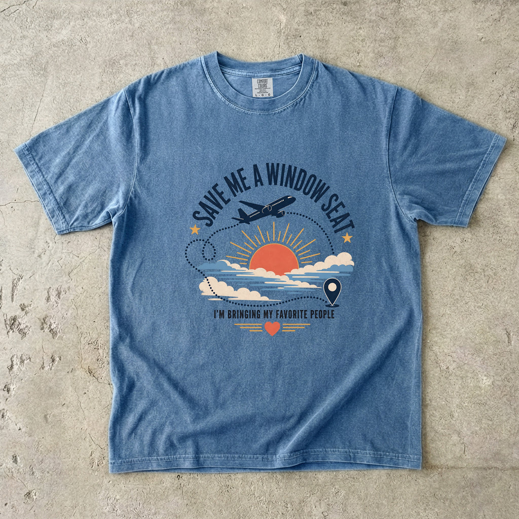 Save Me a Window Seat Family Travel Shirt in Blue Jean – flat lay