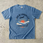 Save Me a Window Seat Family Travel Shirt in Blue Jean – flat lay