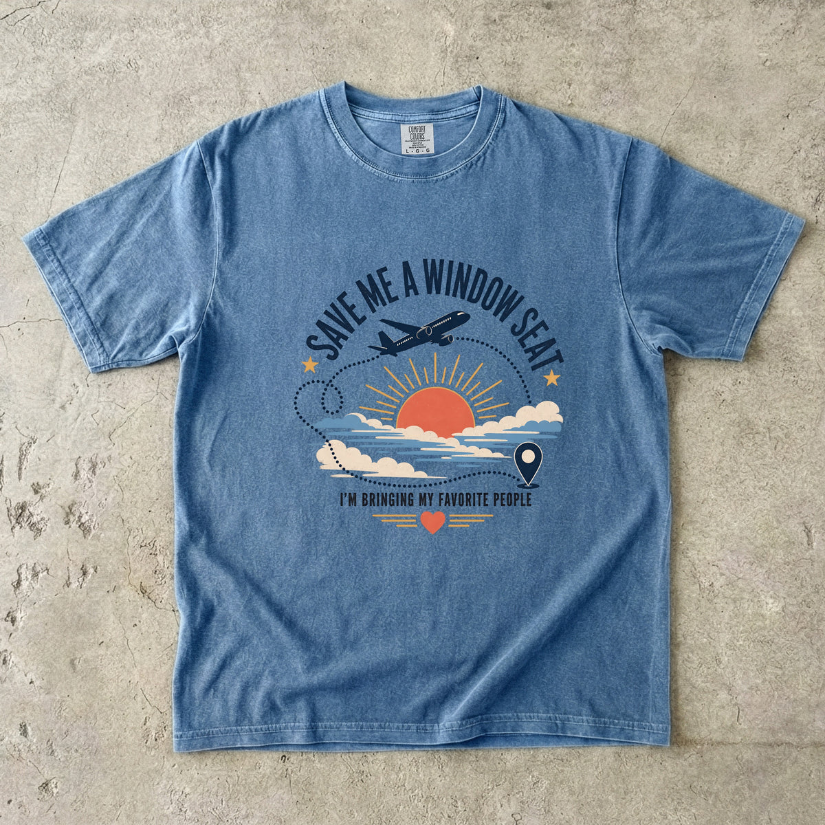Save Me a Window Seat Family Travel Shirt in Blue Jean – flat lay