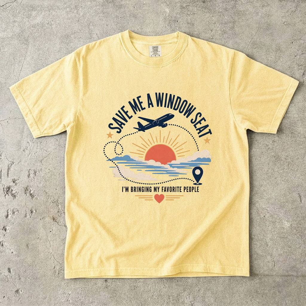 Save Me a Window Seat Family Travel Shirt in Butter – flat lay