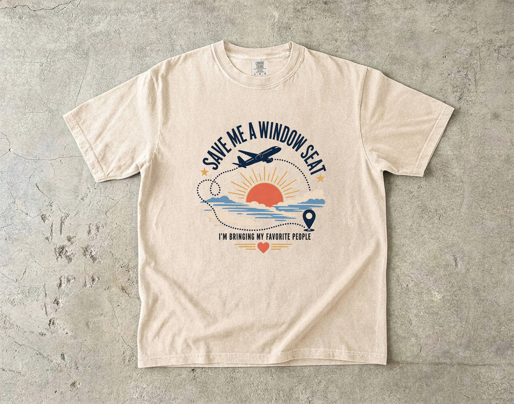 Save Me a Window Seat Family Travel Shirt in Ivory – flat lay