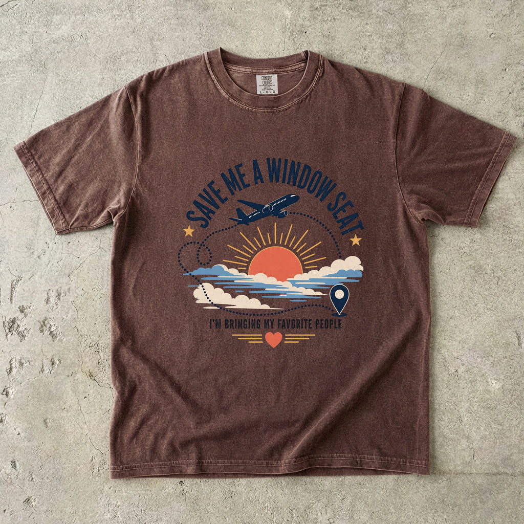 Save Me a Window Seat Family Travel Shirt in Espresso – flat lay