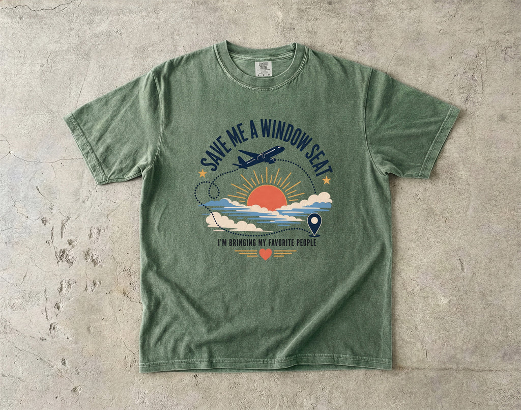Save Me a Window Seat Family Travel Shirt in Moss – flat lay