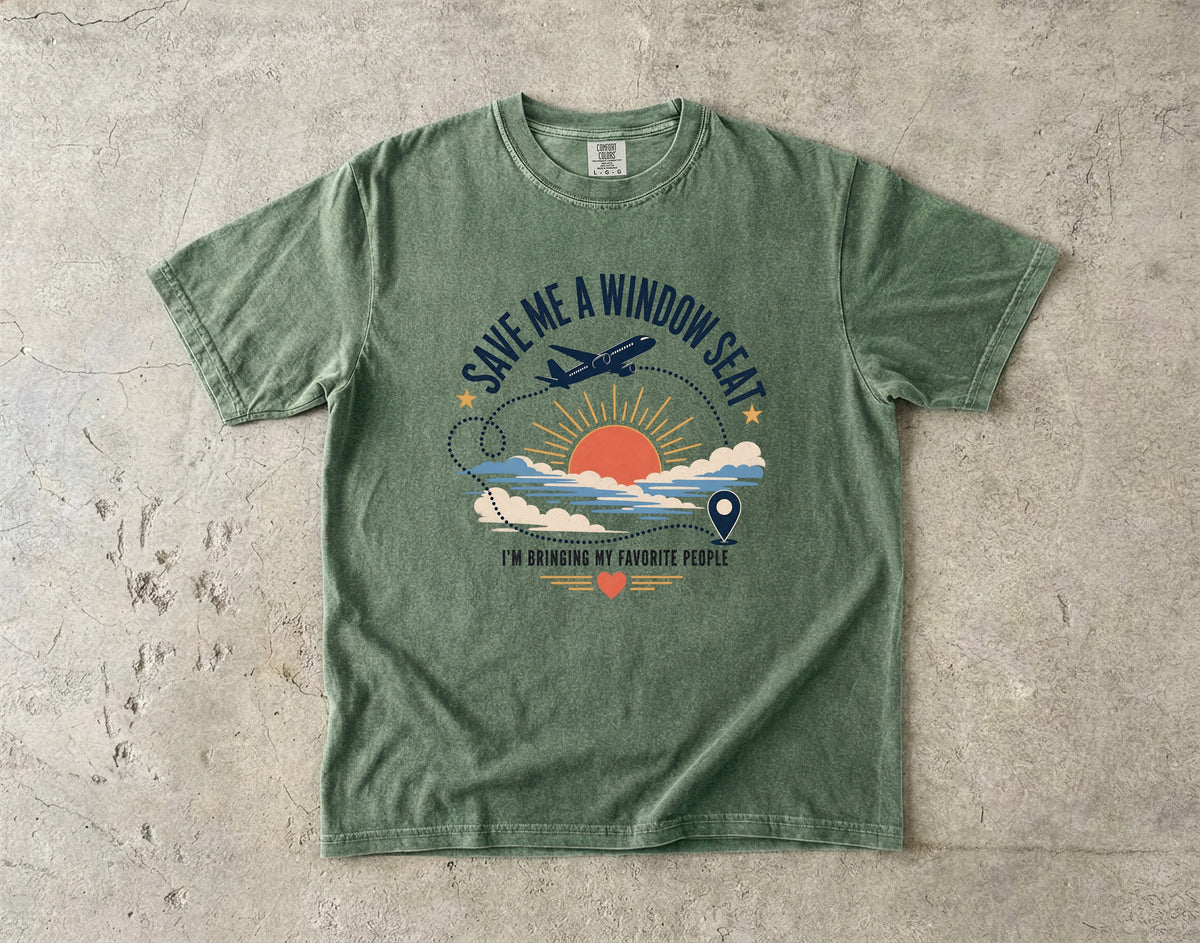 Save Me a Window Seat Family Travel Shirt in Moss – flat lay