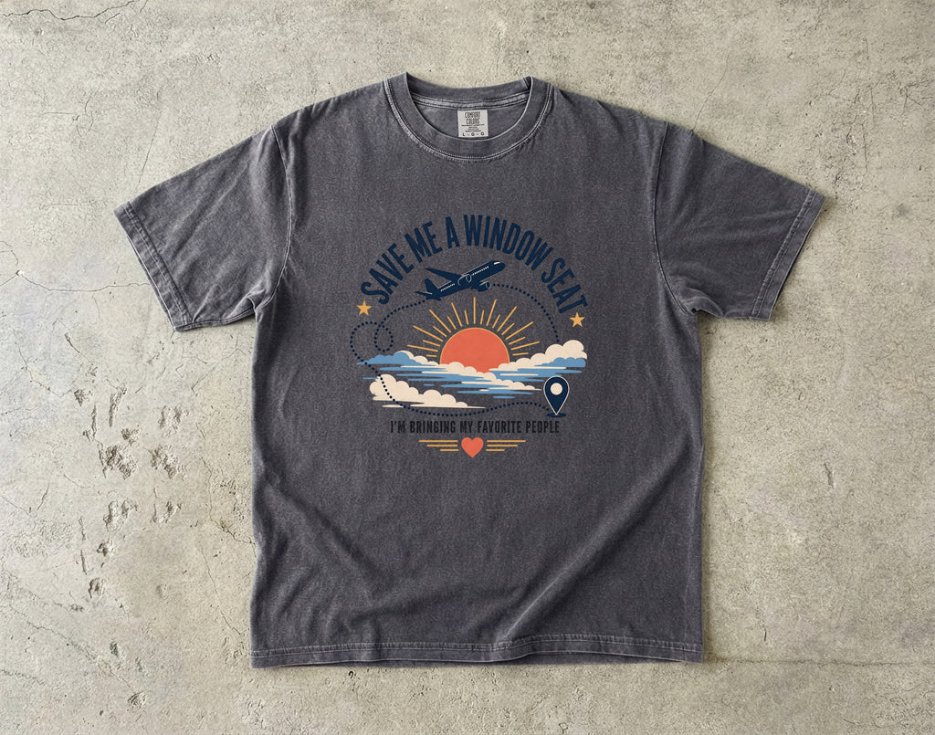 Save Me a Window Seat Family Travel Shirt in Pepper – flat lay