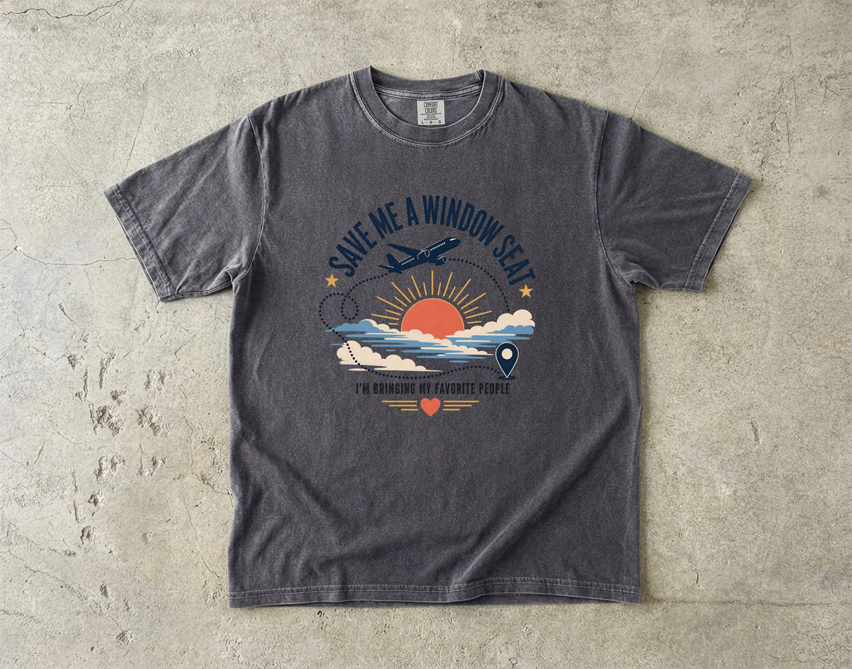 Save Me a Window Seat Family Travel Shirt in Pepper – flat lay