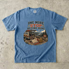 One More Stop Before Home Road Trip Shirt in Blue Jean – flat lay
