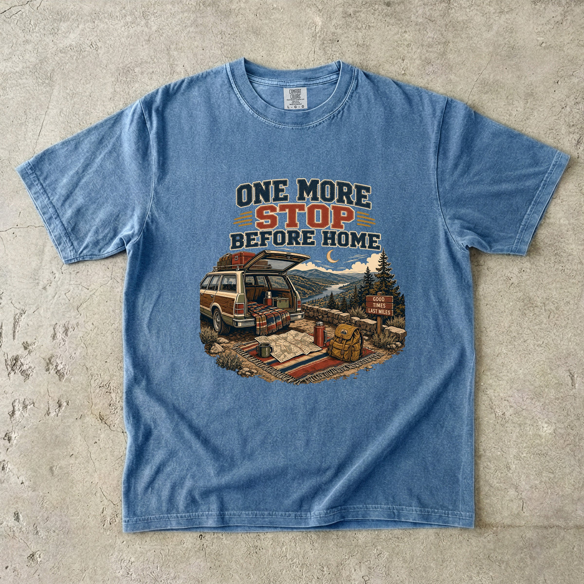 One More Stop Before Home Road Trip Shirt in Blue Jean – flat lay
