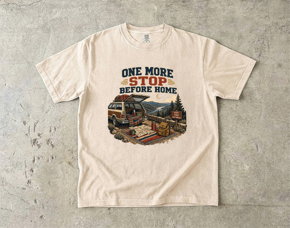 One More Stop Before Home Road Trip Shirt in Ivory – flat lay
