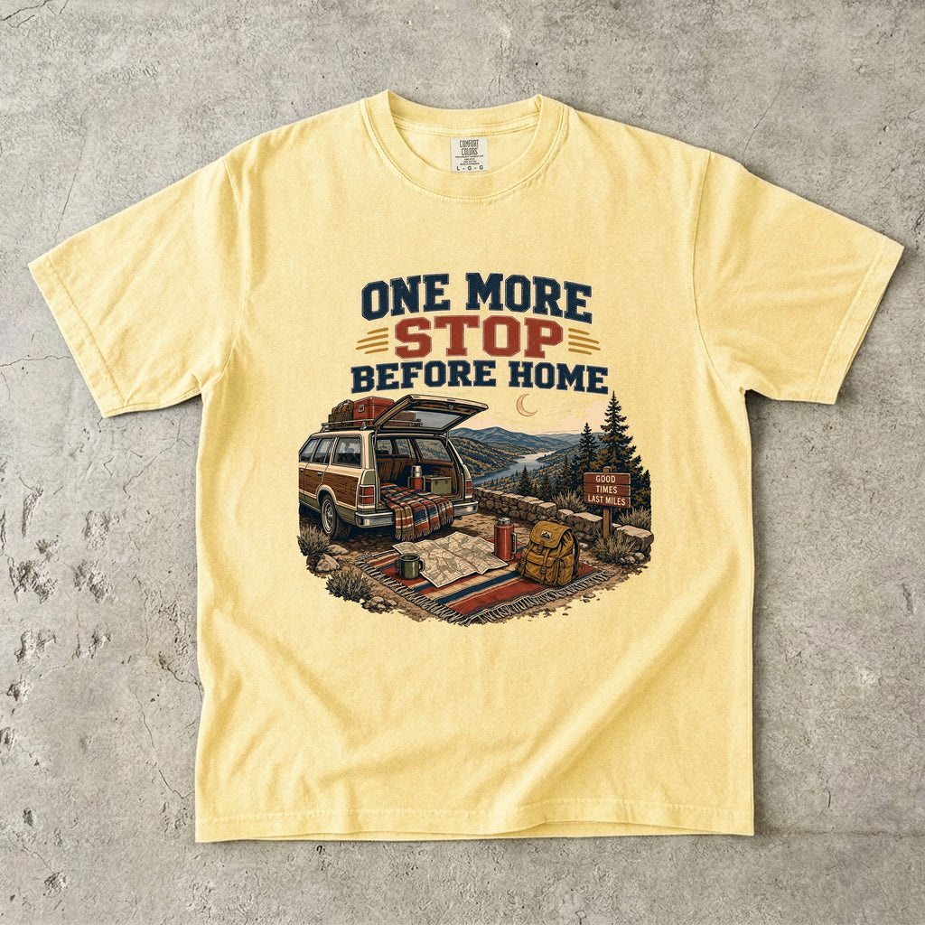 One More Stop Before Home Road Trip Shirt in Butter – flat lay