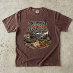 One More Stop Before Home Road Trip Shirt in Espresso – flat lay