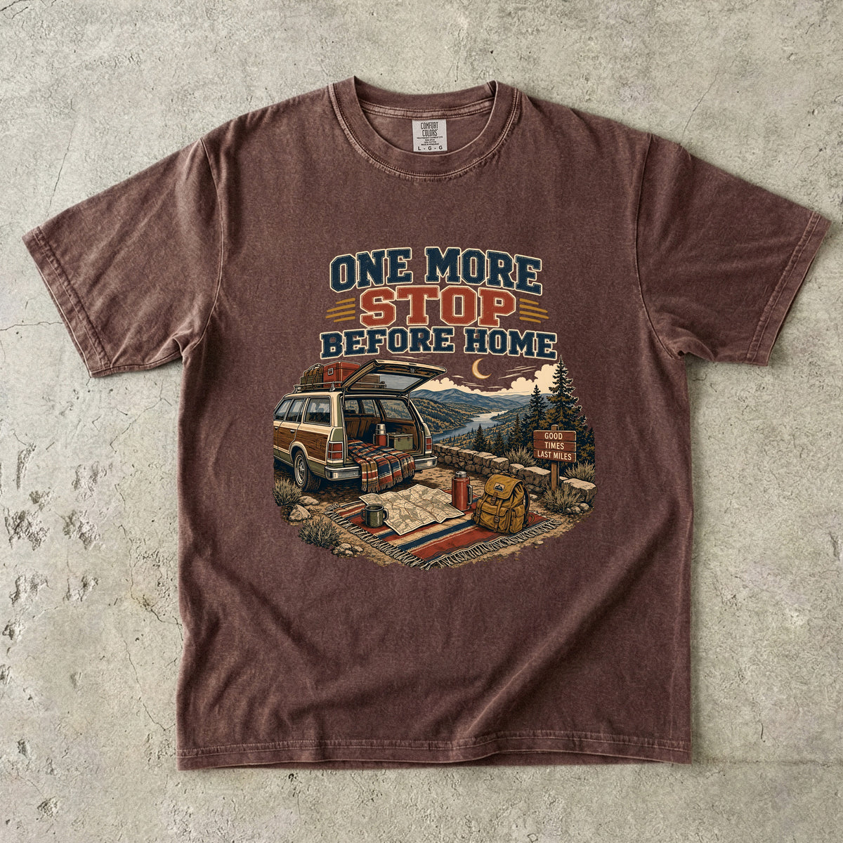 One More Stop Before Home Road Trip Shirt in Espresso – flat lay