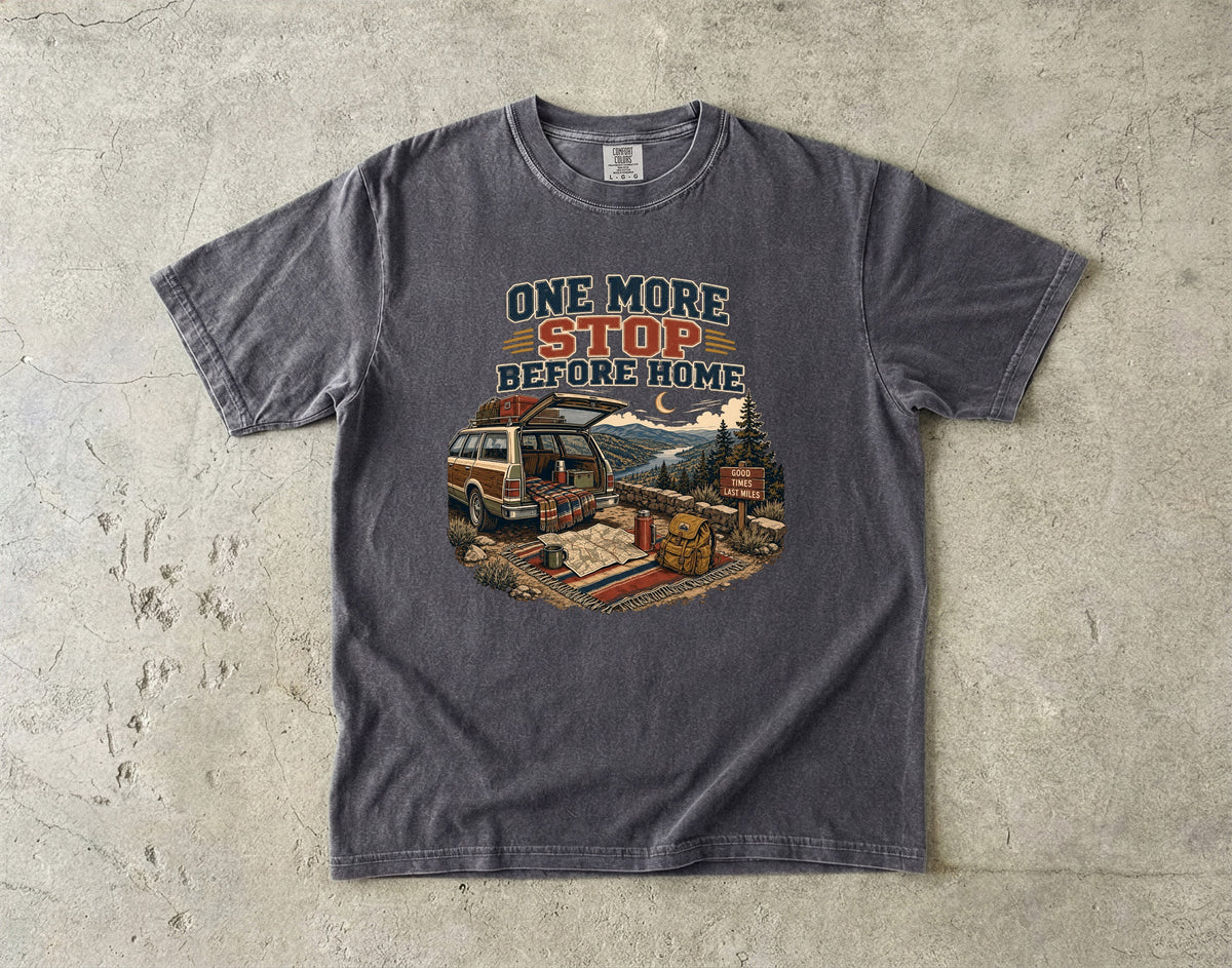 One More Stop Before Home Road Trip Shirt in Pepper – flat lay