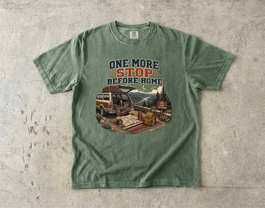 One More Stop Before Home Road Trip Shirt in Moss – flat lay