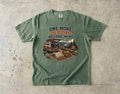 One More Stop Before Home Road Trip Shirt in Moss – flat lay