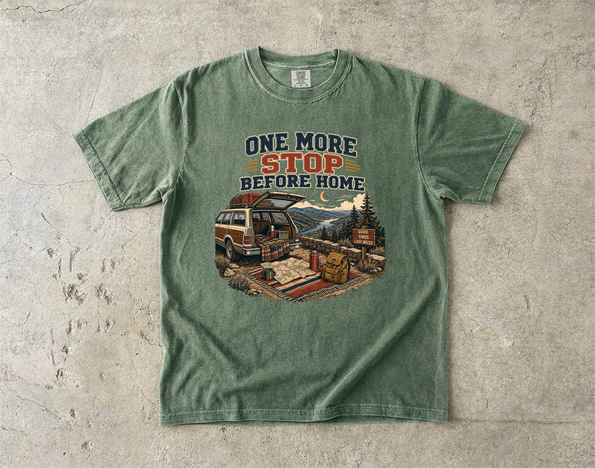 One More Stop Before Home Road Trip Shirt in Moss – flat lay
