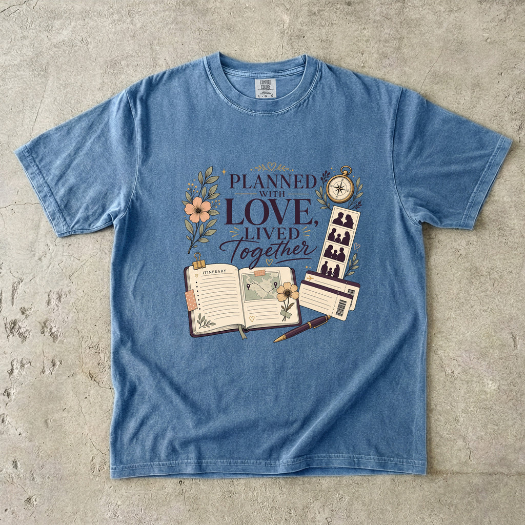 Planned With Love Lived Together Travel Mom Shirt in Blue Jean – flat lay