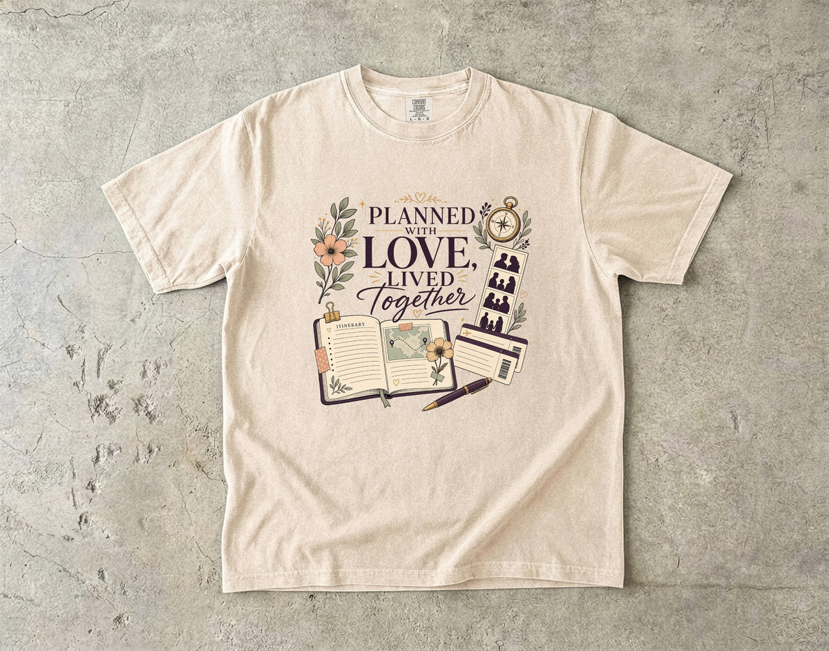 Planned With Love Lived Together Travel Mom Shirt in Ivory – flat lay