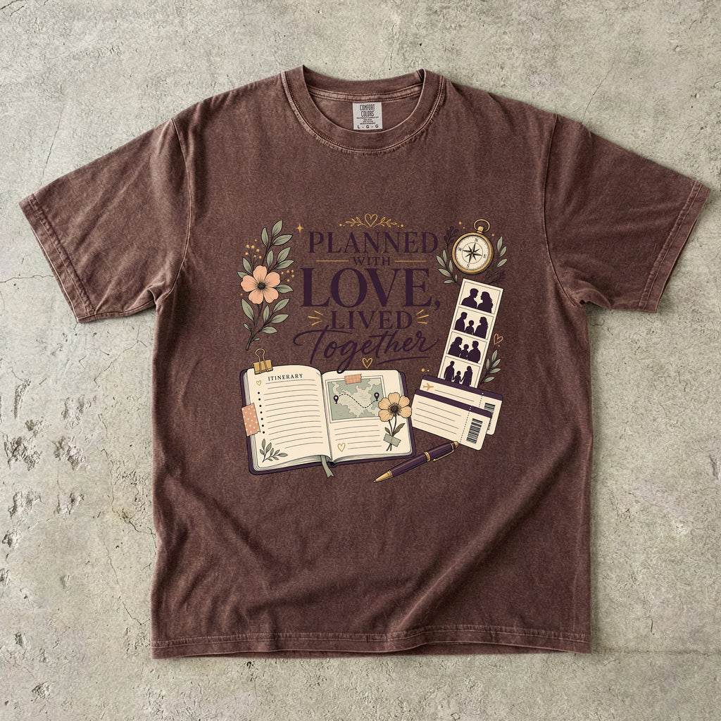 Planned With Love Lived Together Travel Mom Shirt in Espresso – flat lay