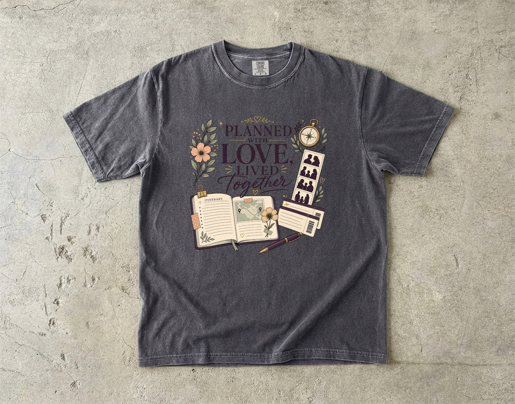 Planned With Love Lived Together Travel Mom Shirt in Pepper – flat lay