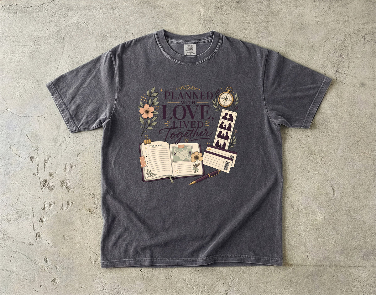 Planned With Love Lived Together Travel Mom Shirt in Pepper – flat lay
