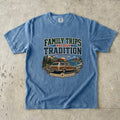 Family Trips Are Our Tradition Vacation Shirt in Blue Jean – flat lay