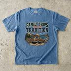 Family Trips Are Our Tradition Vacation Shirt in Blue Jean – flat lay