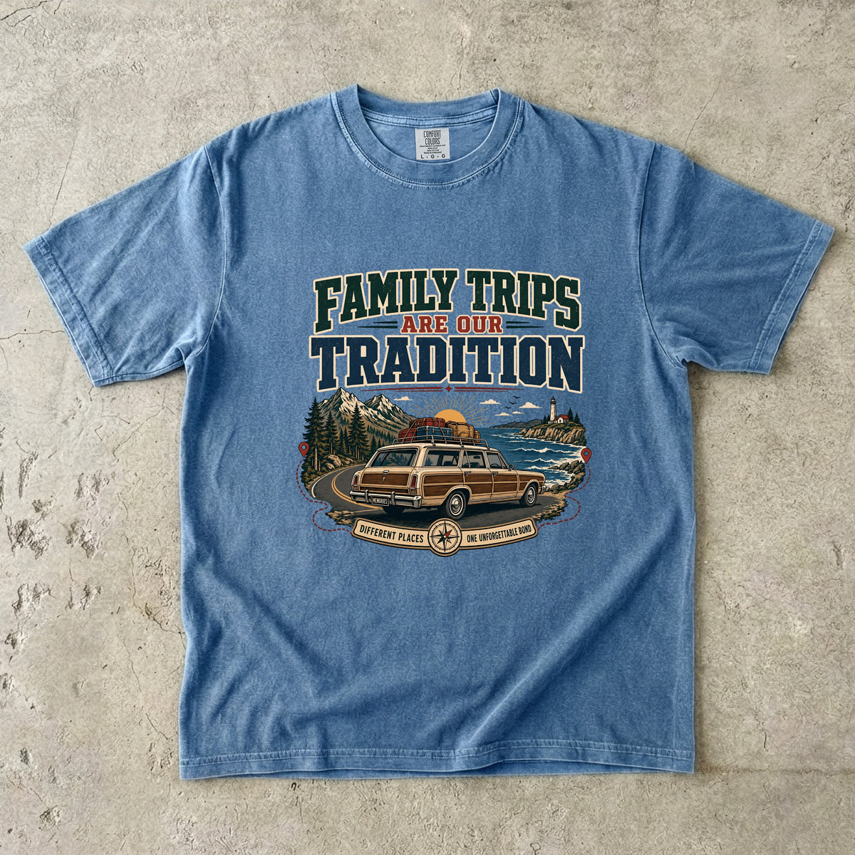 Family Trips Are Our Tradition Vacation Shirt in Blue Jean – flat lay