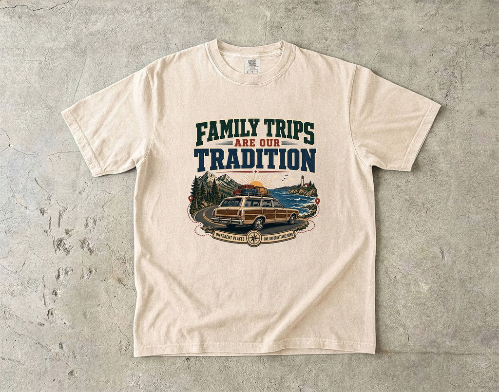 Family Trips Are Our Tradition Vacation Shirt in Ivory – flat lay