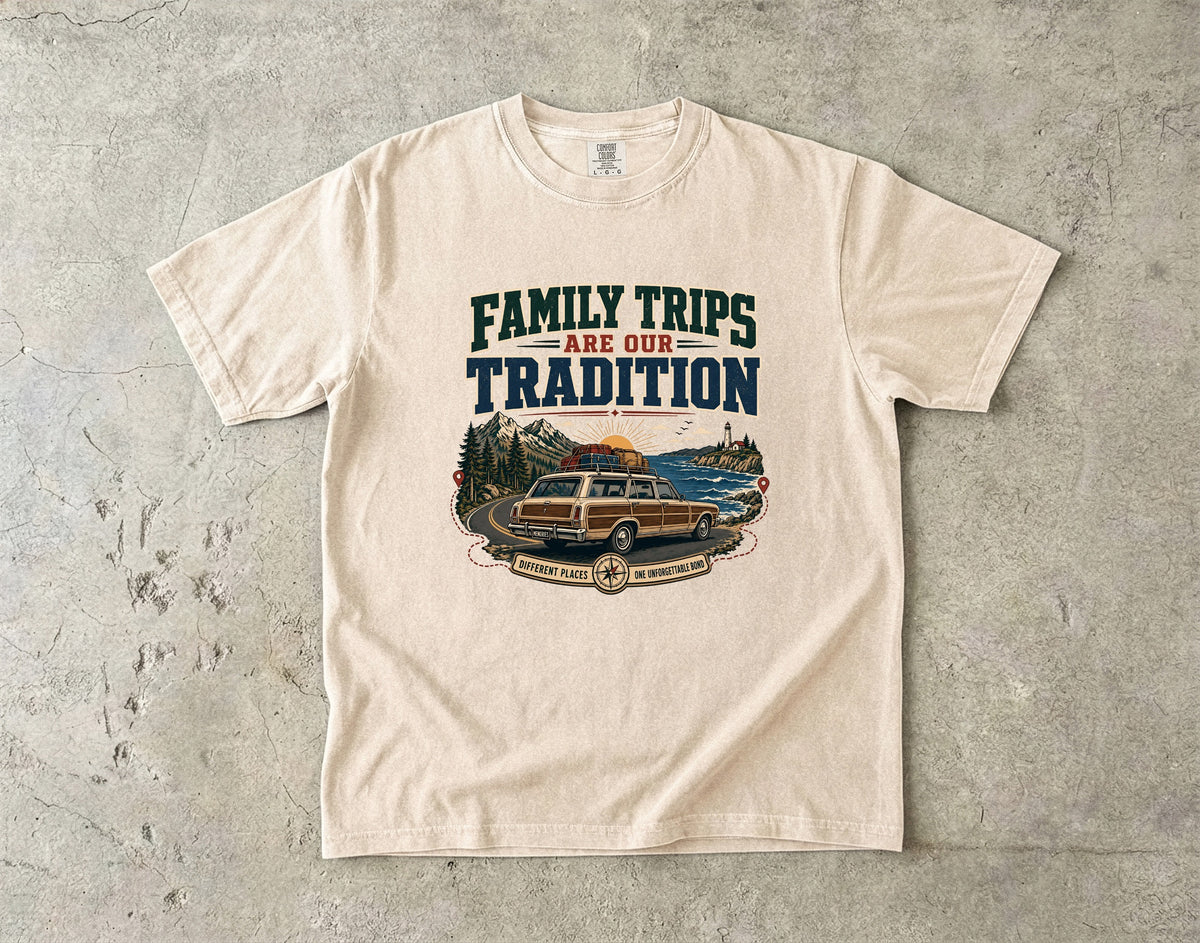 Family Trips Are Our Tradition Vacation Shirt in Ivory – flat lay