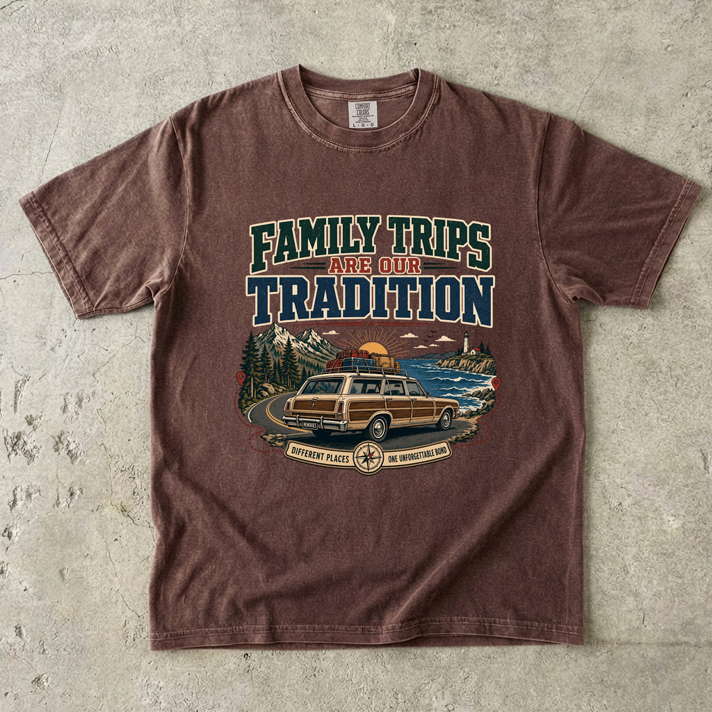 Family Trips Are Our Tradition Vacation Shirt in Espresso – flat lay