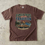 Family Trips Are Our Tradition Vacation Shirt in Espresso – flat lay