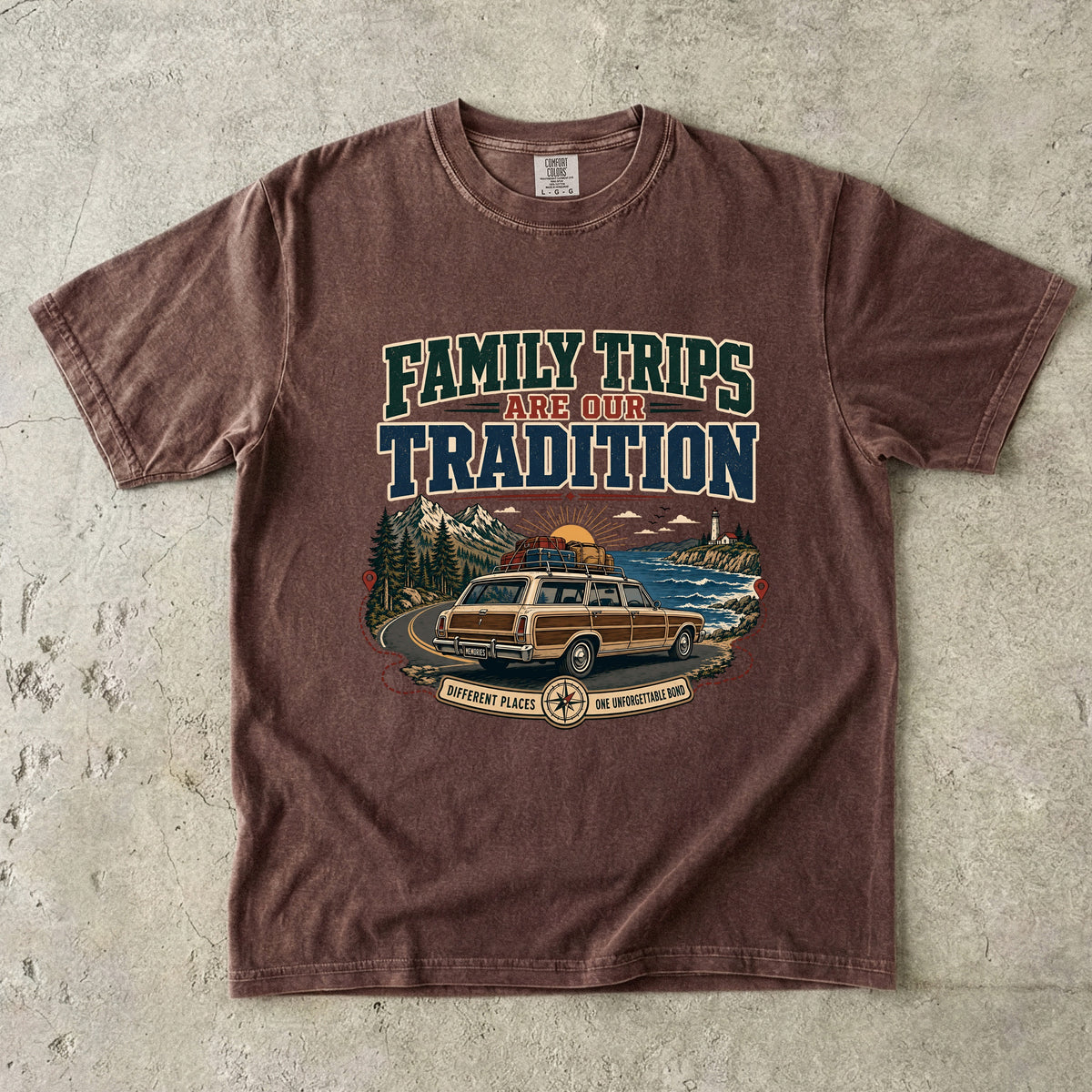 Family Trips Are Our Tradition Vacation Shirt in Espresso – flat lay