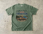 Family Trips Are Our Tradition Vacation Shirt in Moss – flat lay