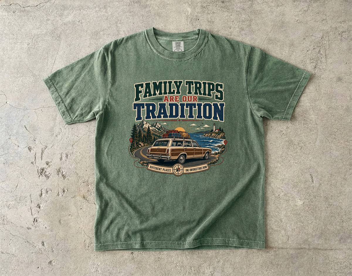 Family Trips Are Our Tradition Vacation Shirt in Moss – flat lay