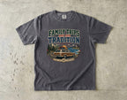 Family Trips Are Our Tradition Vacation Shirt in Pepper – flat lay