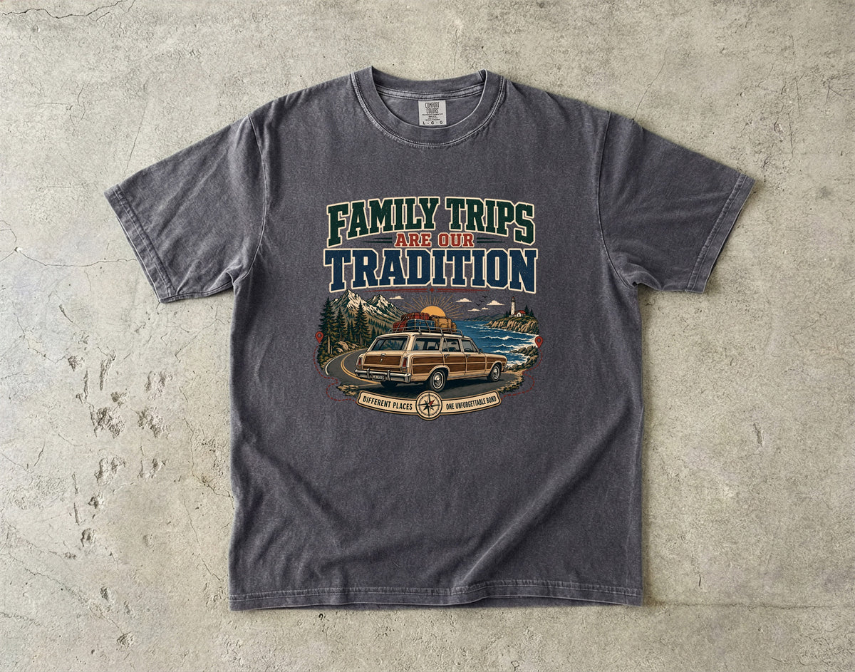 Family Trips Are Our Tradition Vacation Shirt in Pepper – flat lay