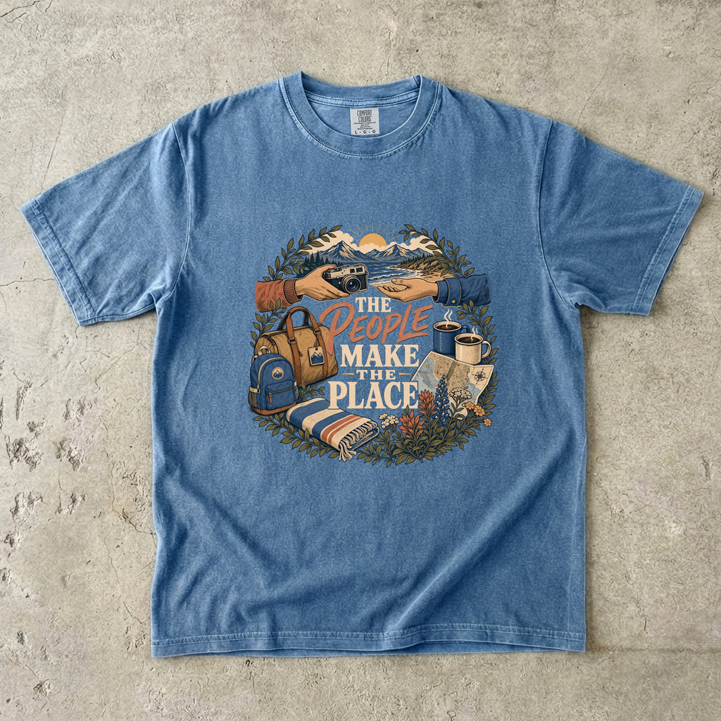 The People Make the Place Travel Shirt in Blue Jean – flat lay