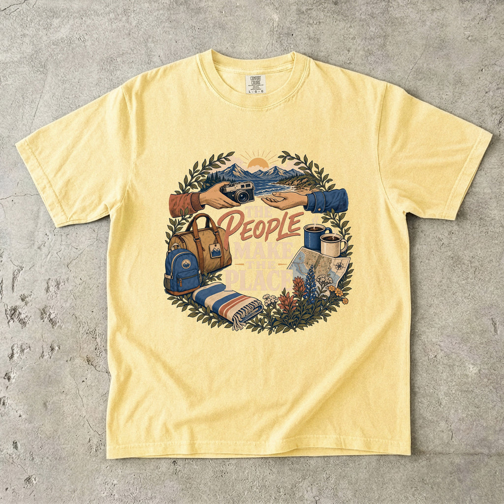 The People Make the Place Travel Shirt in Butter – flat lay