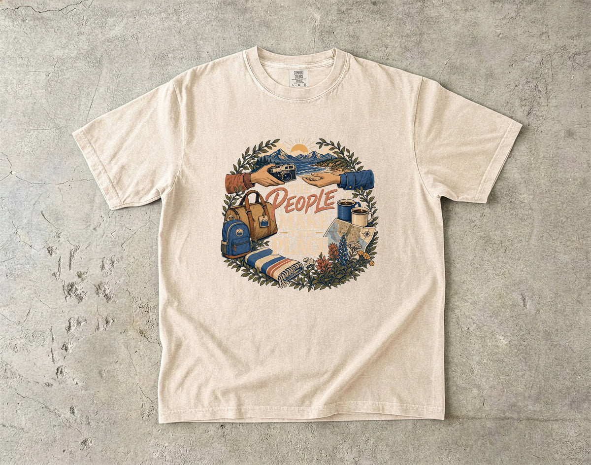 The People Make the Place Travel Shirt in Ivory – flat lay
