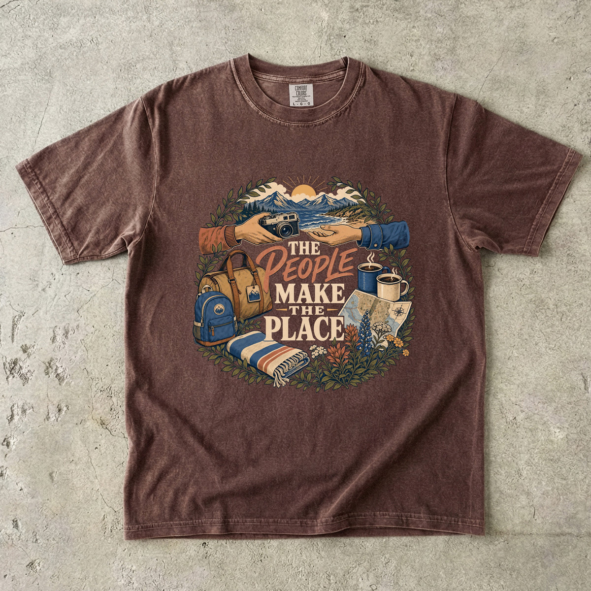 The People Make the Place Travel Shirt in Espresso – flat lay