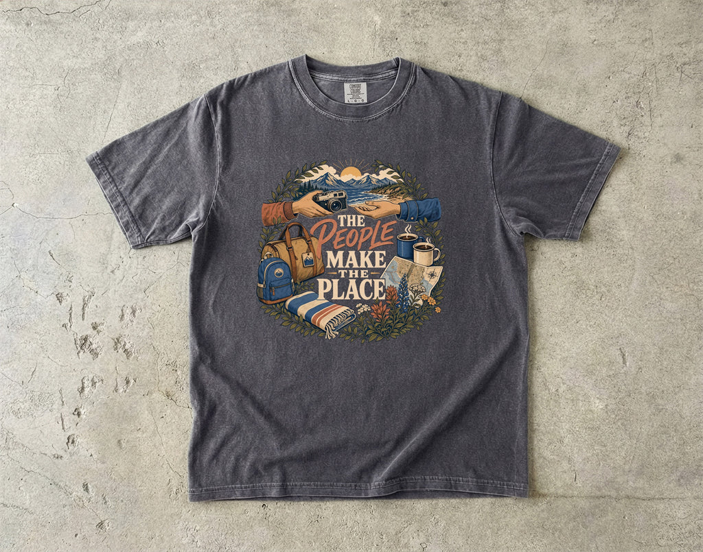 The People Make the Place Travel Shirt in Pepper – flat lay