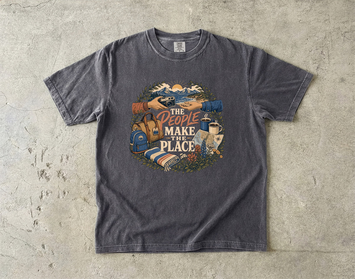 The People Make the Place Travel Shirt in Pepper – flat lay
