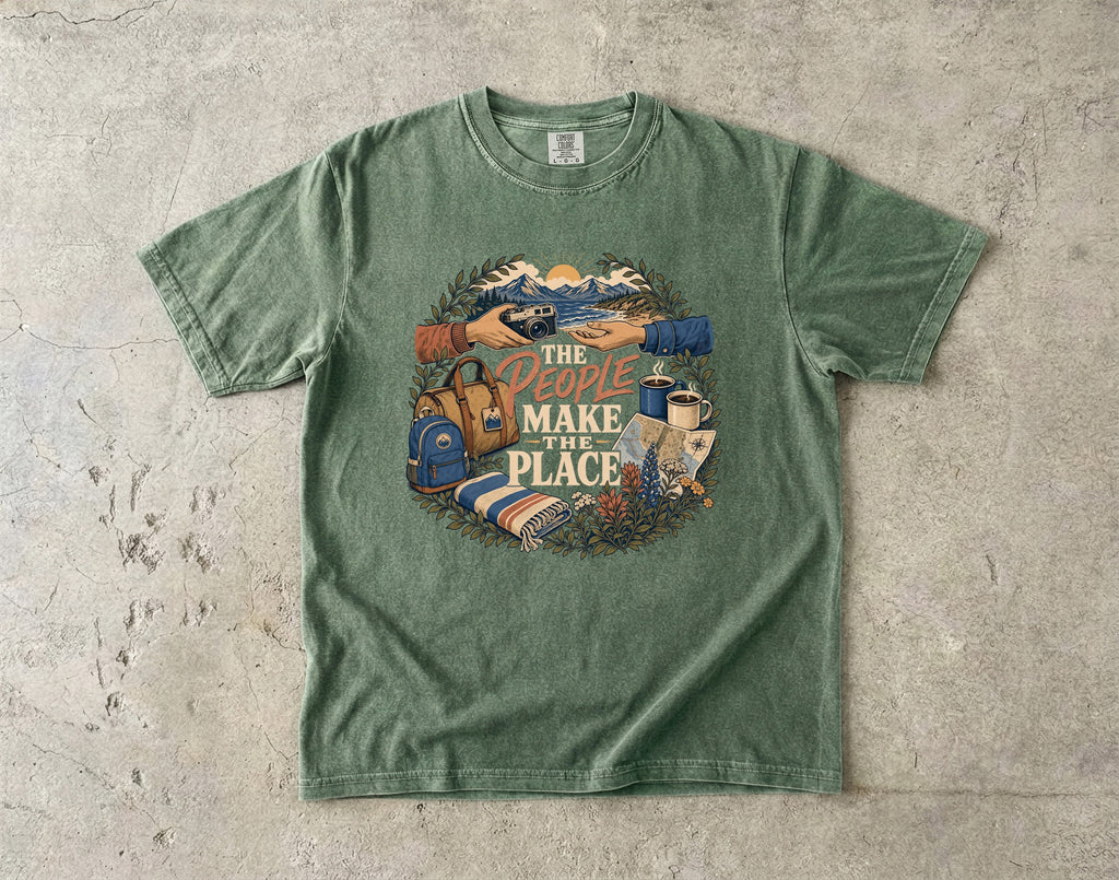 The People Make the Place Travel Shirt in Moss – flat lay