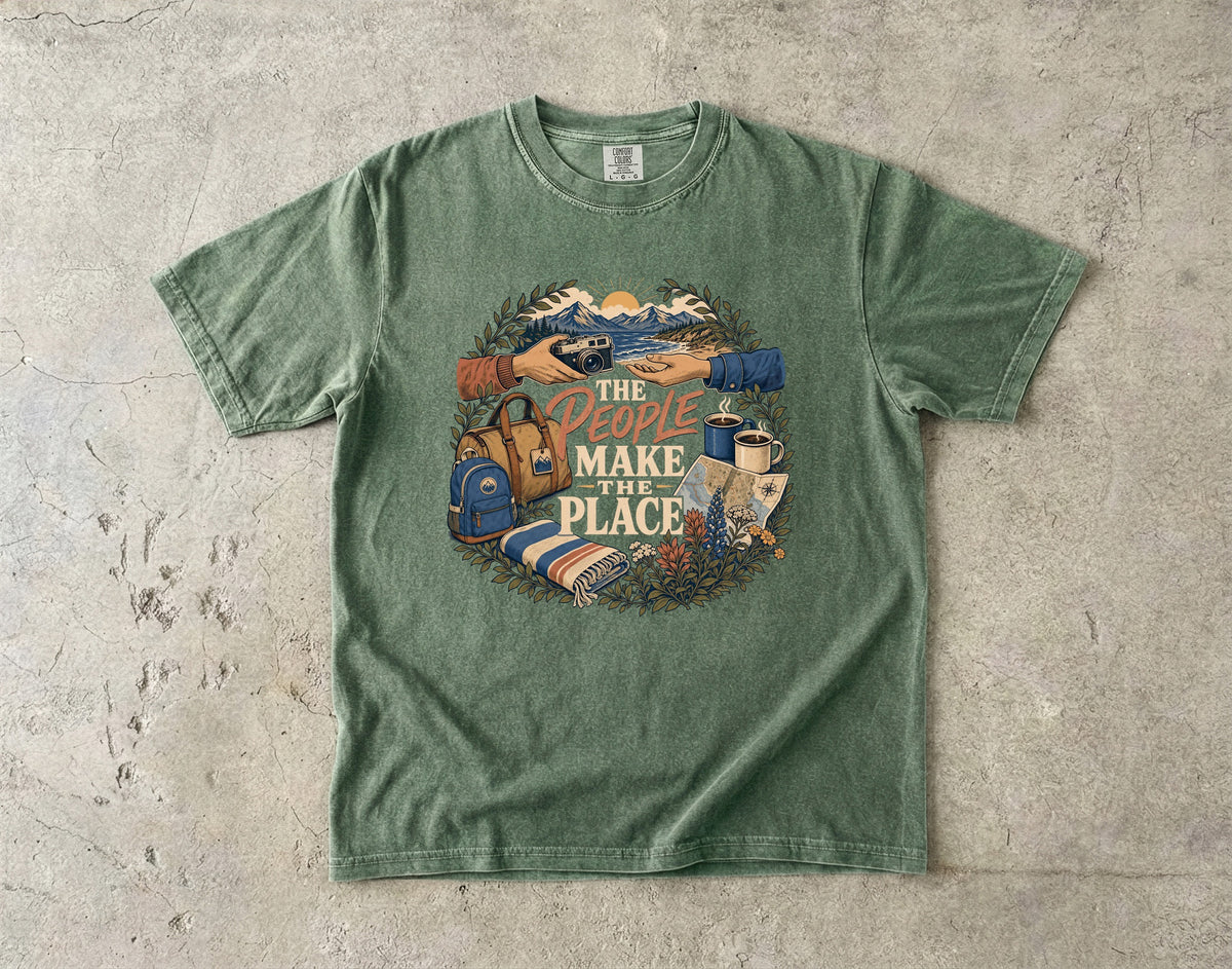 The People Make the Place Travel Shirt in Moss – flat lay