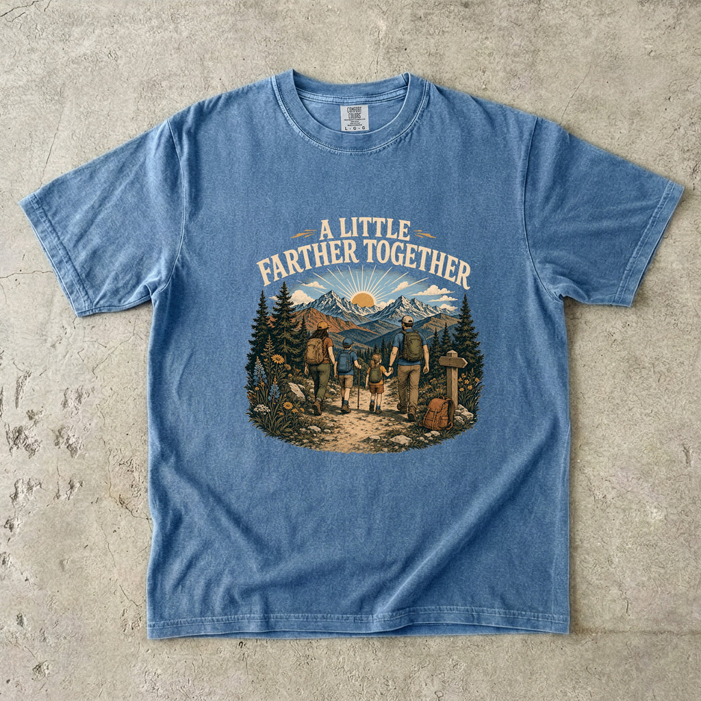 A Little Farther Together Hiking Family Shirt in Blue Jean – flat lay