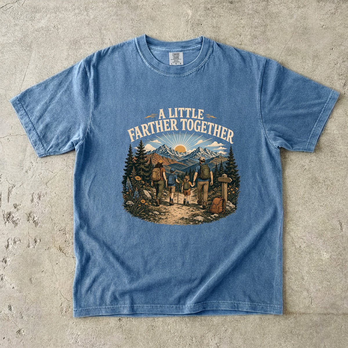 A Little Farther Together Hiking Family Shirt in Blue Jean – flat lay